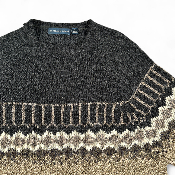 Northern Isles Sweater Womens LARGE Brown Gray Nordic Fair Isle Raglan Y2K - Picture 2 of 7